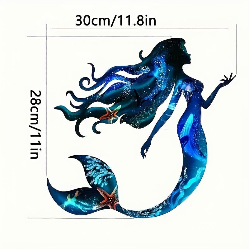 Ocean-themed metal mermaid wall art for indoor or outdoor nautical decor.