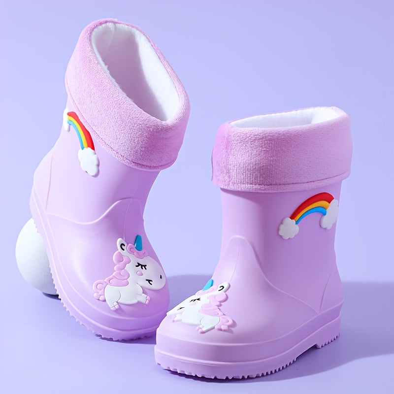 2024 Upgraded Youngsters' Plush Rain Boots - Unicorn & Rainbow Design with Warm Fleece Lining, Durable PVC, Slip-On for Boys & Girls - Ideal for Outdoor Adventures, All-Season Wear