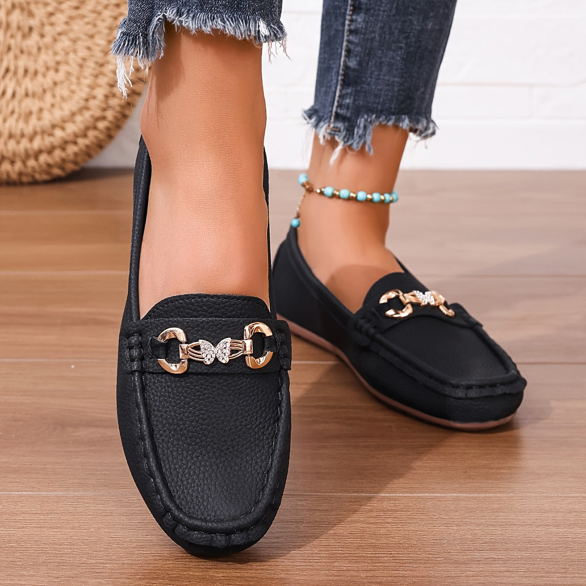 Womens Fashion Slip-On Shoes with Butterfly Decoration and Diamond Strap