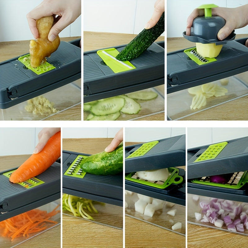 The Multifunctional Vegetable & Fruit Slicer Set includes 16 pieces and is a manual food processor with interchangeable blades. It also comes with a container and is perfect for slicing onions, potatoes, and more. This essential kitchen gadget is