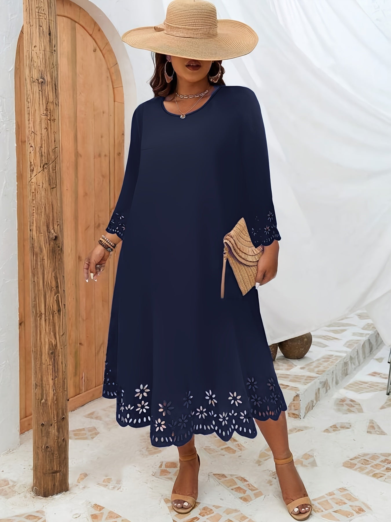 Chic midi dress with laser-cut detail, crew neck, made of stretchy polyester blend suitable for all seasons, in European and American style for 9th grade.