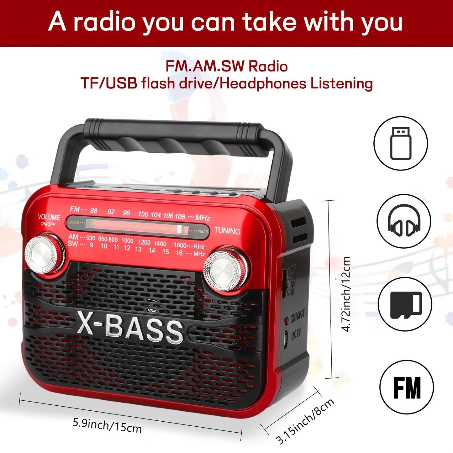 X-BASS Portable FM Radio with Flashlight - Rechargeable battery, multi-band, USB/TF/BT playback, 2-4 hour playtime, red & black, indoor/outdoor use.