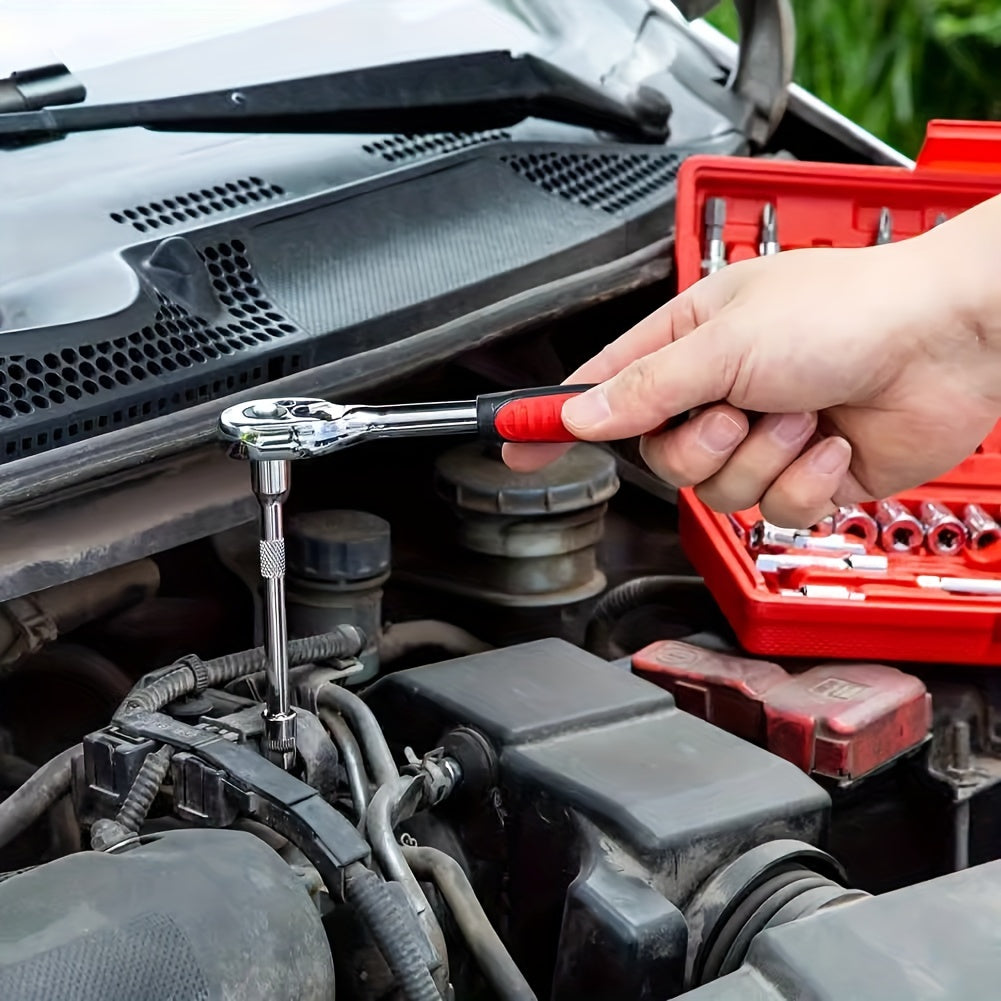 Car repair tool kit with 46 pieces including 1/4 inch drive socket ratchet wrench set, combo tools for bicycle and auto repairs.