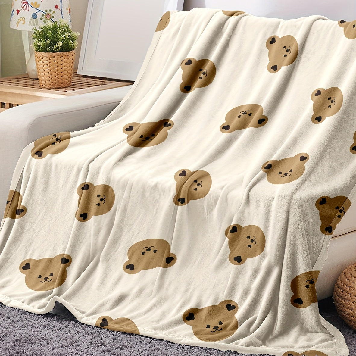 Soft and cozy 1pc Cartoon Bear Print Flannel Blanket perfect for travel, sofa, bed, office, and home decor. Ideal as a birthday or holiday gift for adults, suitable for use all season long.