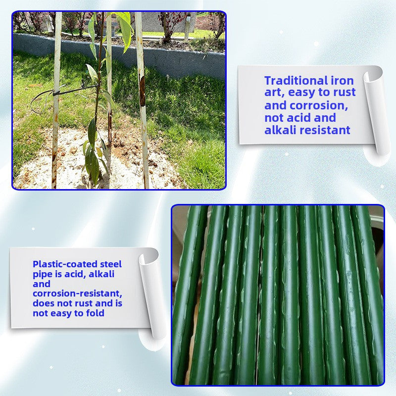 10 Garden support stakes for climbing plants made of durable plastic and steel pipe, perfect for tomatoes, cucumbers, and grapes. Essential tool for lawn care.