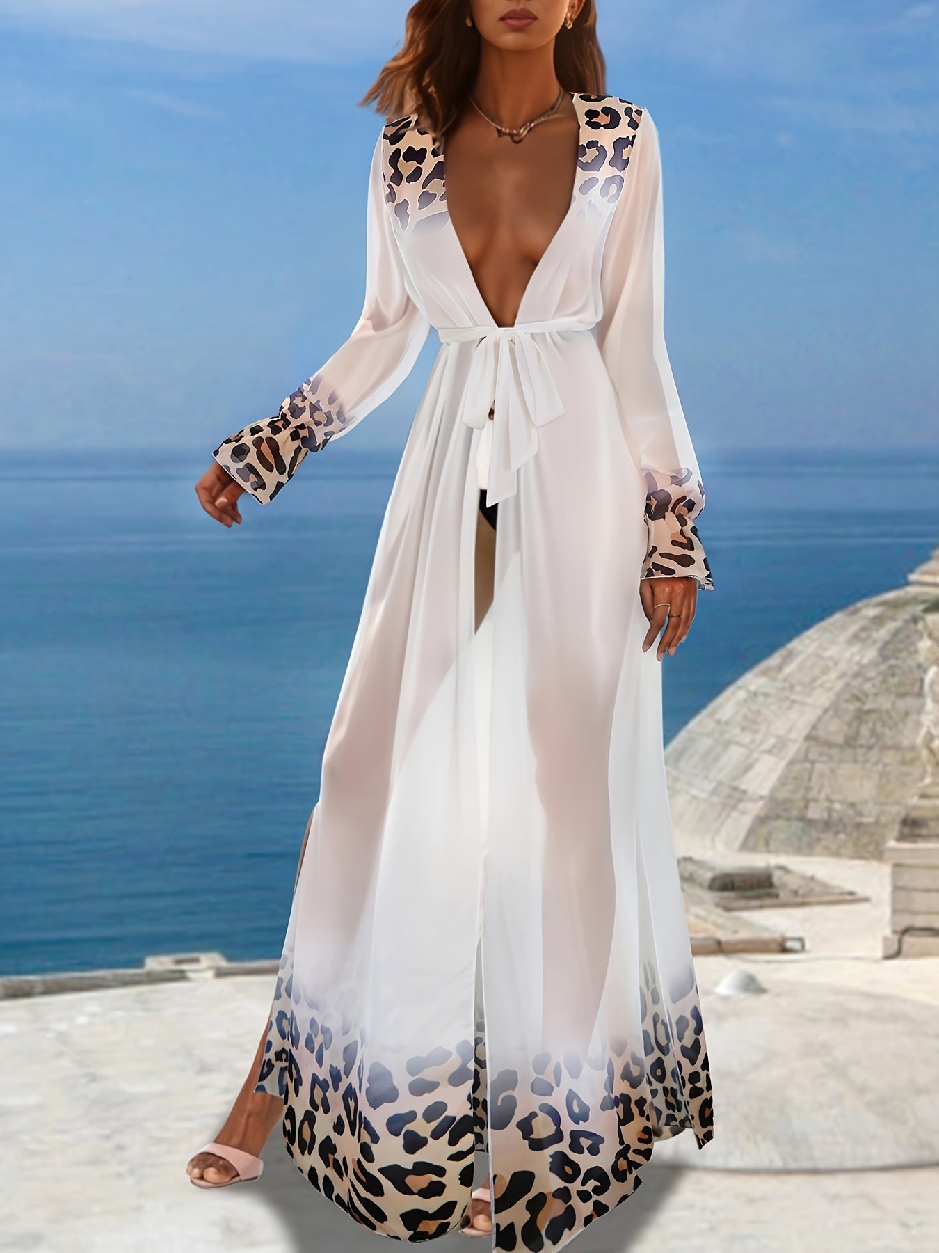 Leopard Print Chiffon Cover Up: Long sleeve beach kimono for women's swimwear.