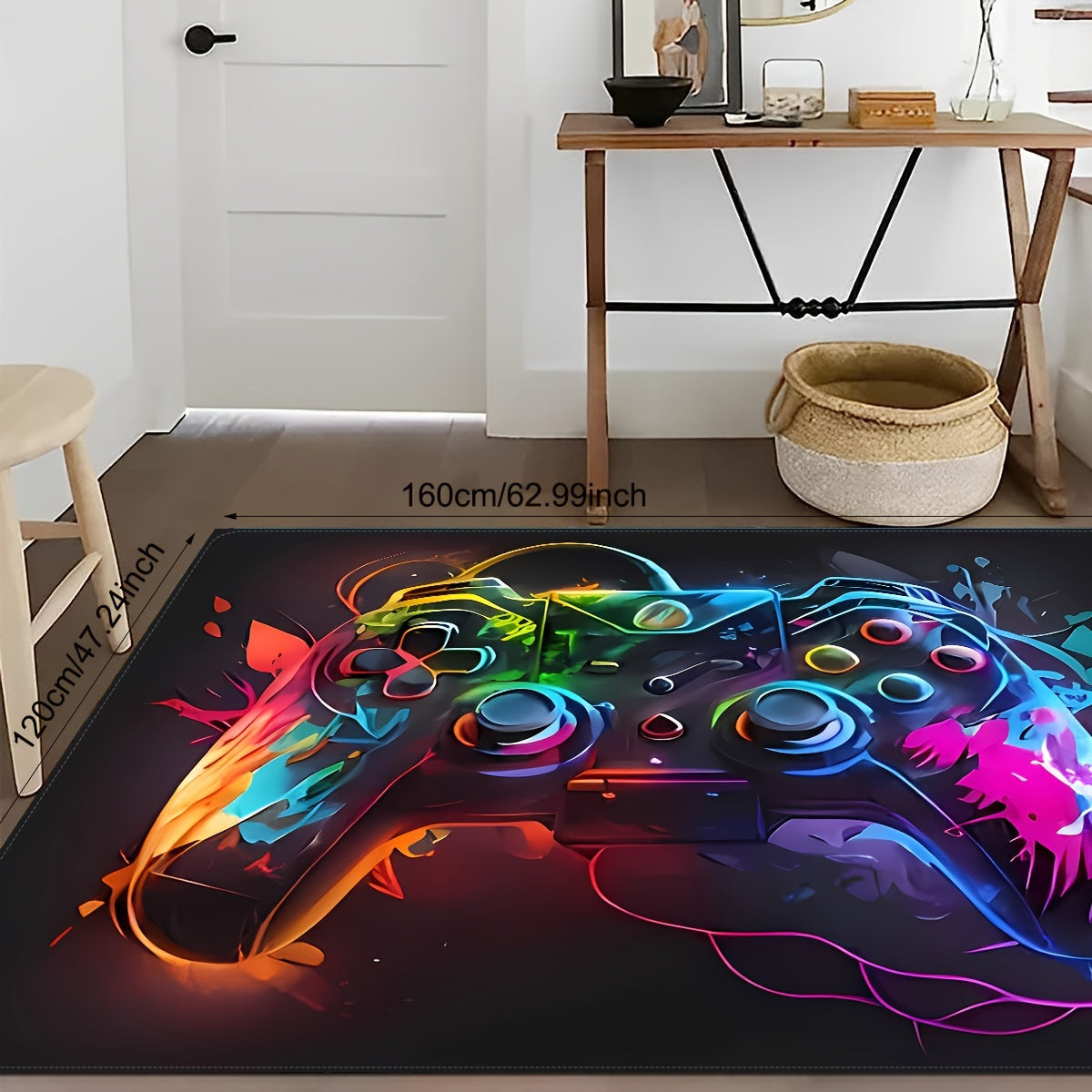 Polyester non-slip rug featuring a game console element pattern, perfect for high-traffic areas like bedrooms, offices, and living rooms. Easy to clean and durable.