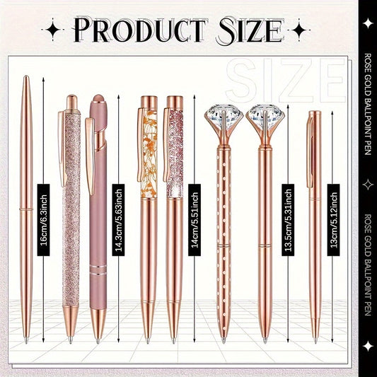 8-piece Rose Golden Metal Pen Set with crystal color decoration - ideal for students, office, gifts, and weddings.