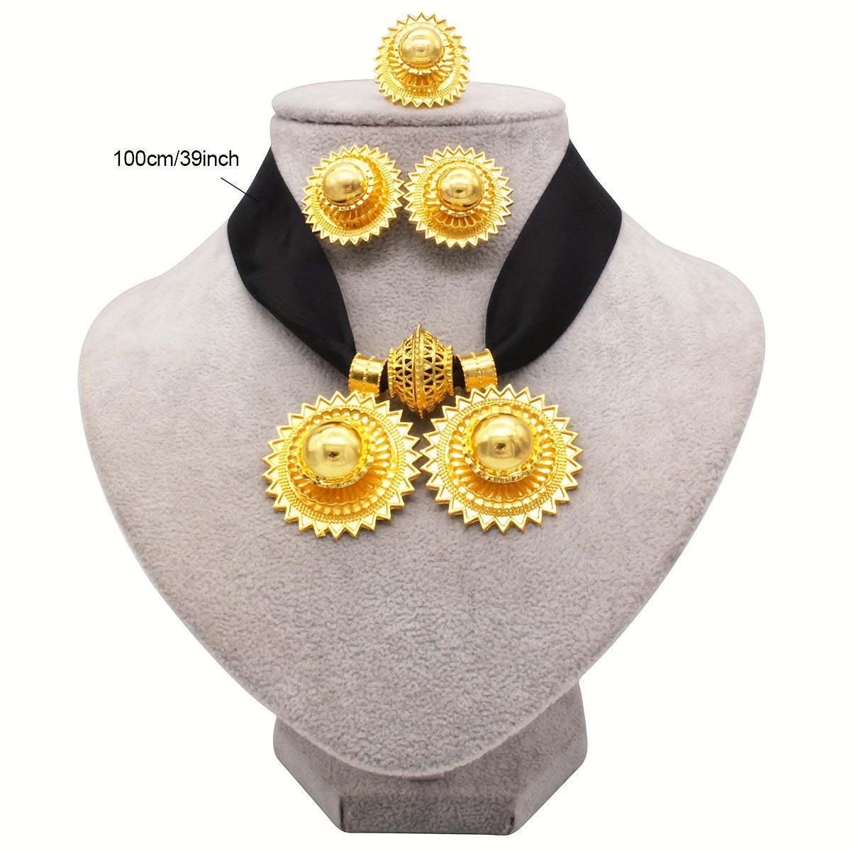 Luxury jewelry set includes four pieces: a necklace, earrings, and a ring plated in multiple colors. Perfect for evening parties and traditional bridal accessorizing. Choose from a variety of colors.