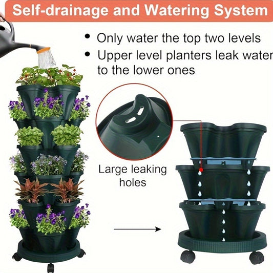 1 set of 6-tier stackable planters with 18 pieces, made of durable plastic with moving wheels and tools. Ideal for growing flowers, herbs, strawberries, and vegetables in indoor or outdoor