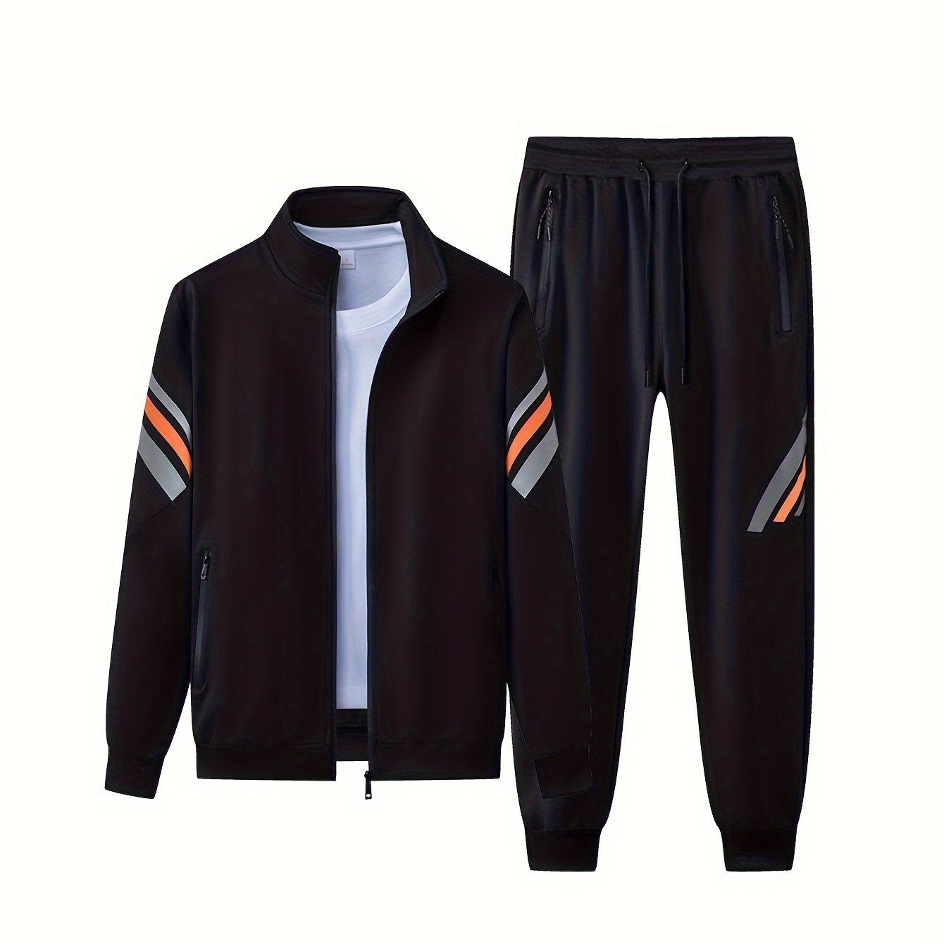 Men's trendy sweatsuit set with cardigan jacket, pants, and zip-up outerwear.