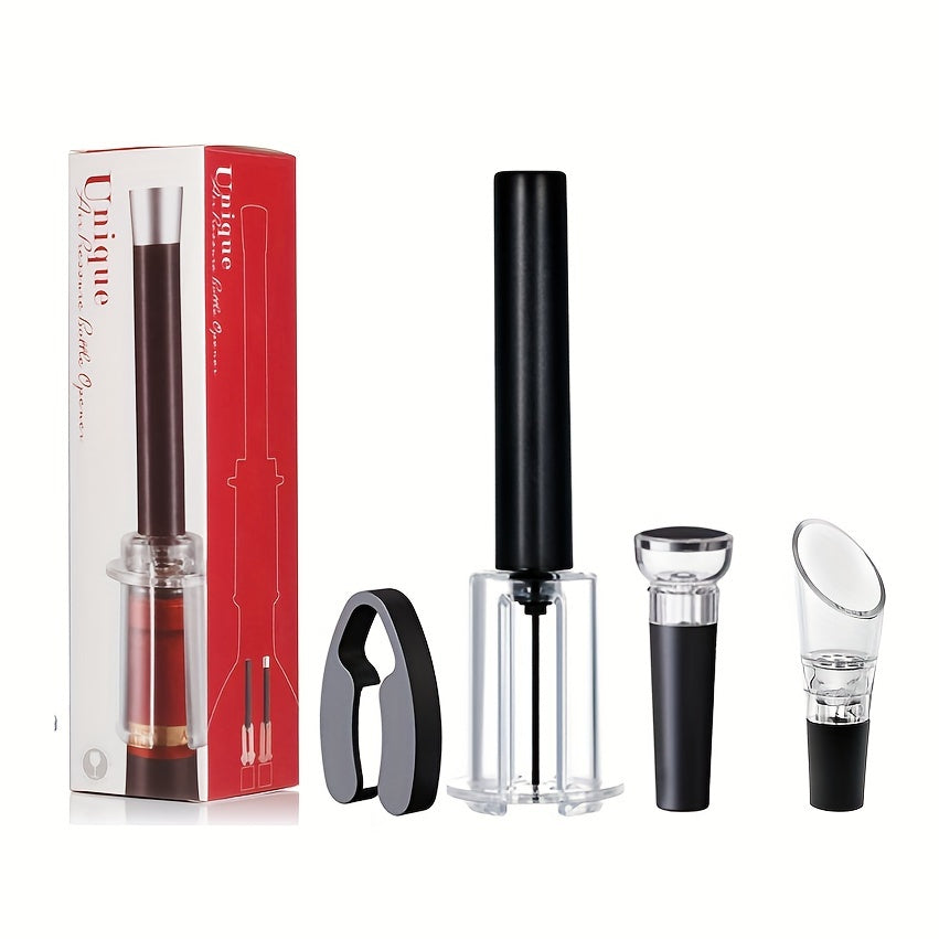 Luxurious wine opener set includes air pump opener, corkscrew, vacuum preserver, and unique wine glass - ideal for holidays and kitchen essentials.