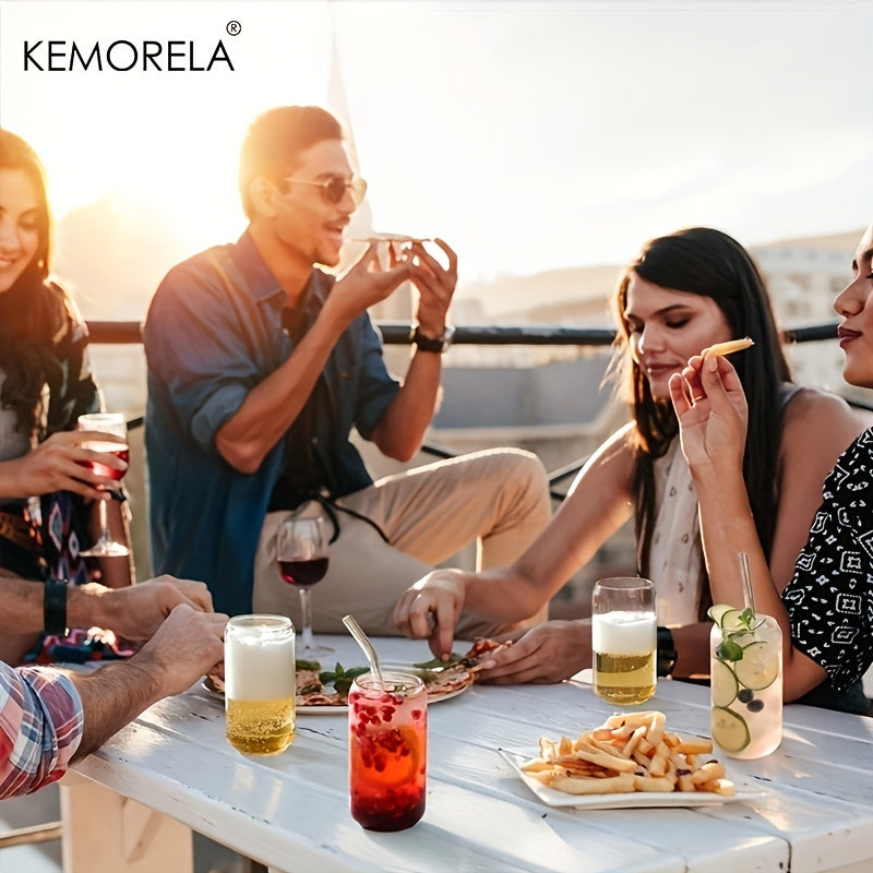 KEMORELA offers can-shaped drinking glasses with glass straws, available with or without a lid. These versatile cups are ideal for beer, iced coffee, whiskey, soda, tea, water, and more. Each set comes with cleaning brushes as a gift.