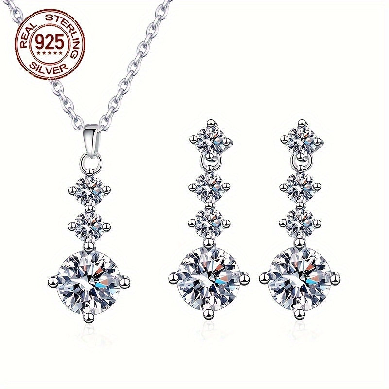 One set of elegant 925 sterling silver jewelry featuring classic 4-roundel drop earrings and pendant necklace with synthetic cubic zirconia. Perfect for daily wear or as a gift for Valentine's Day for women. Silver plated for added shine.