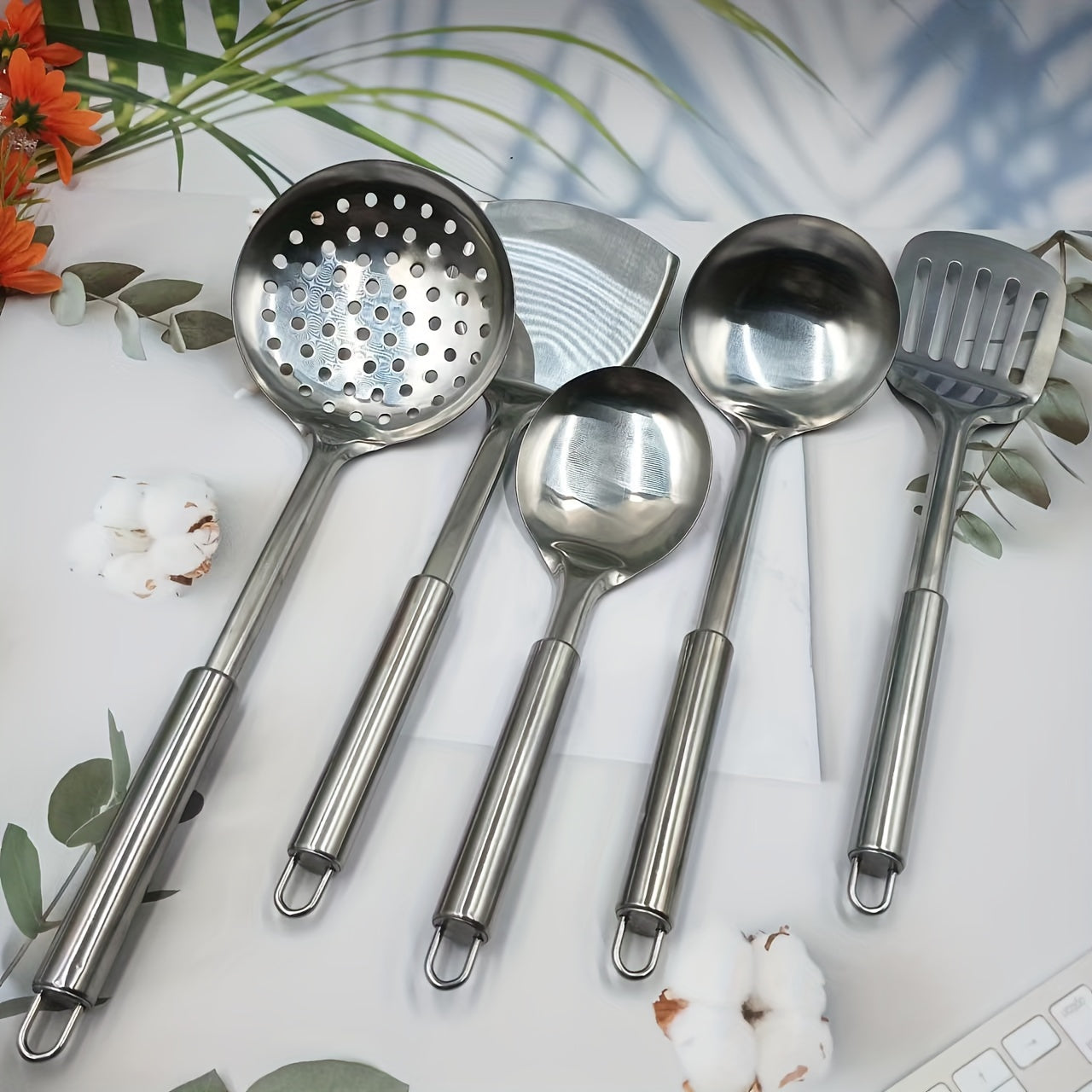 5-piece stainless steel kitchen utensil set - includes food-grade cooking tools such as slotted spoon, soup ladle, serving spoon, and turner. Perfect for holiday gifts like Christmas, Thanksgiving, Valentine's Day, Ramadan, and Mother's Day.