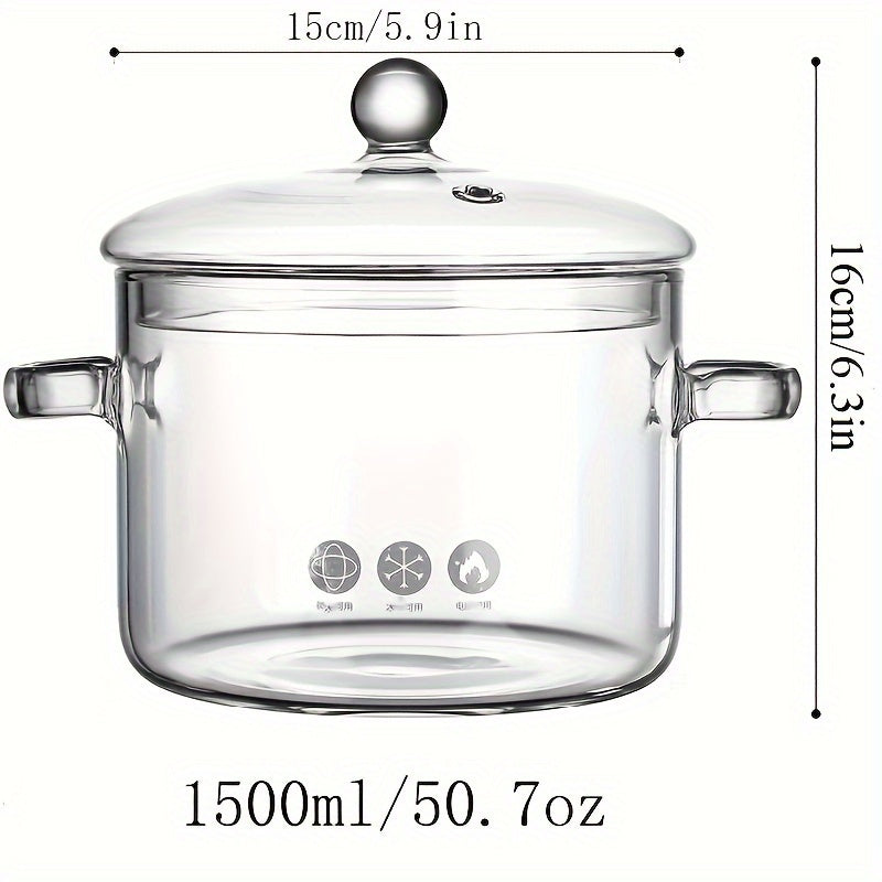 1 piece of 1.5L Borosilicate Glass Simmer Pot with Lid - Heat-Resistant Stovetop Cooking Pot for Soup, Pasta, Noodles, Clear Glass Cookware with Anti-Scald Handles, Safe for Dishwasher Use