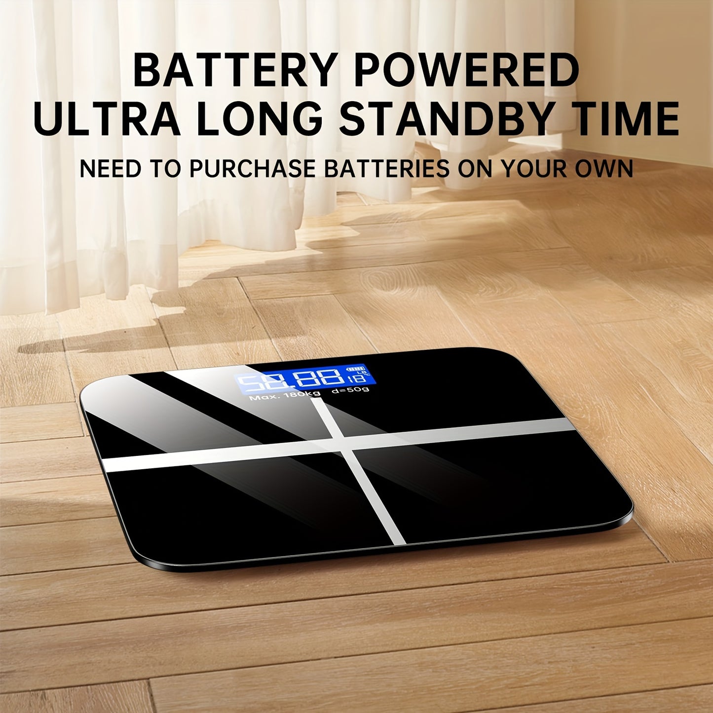 HD Digital Weight Scale with 179.62KG capacity and LED display. Includes non-rechargeable AAA battery and switchable KG/Pound feature. Plastic construction with ultra-wide platform. Battery