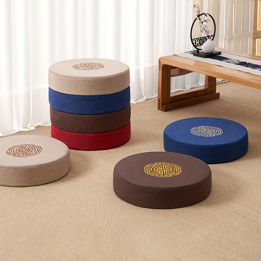 Round pouf Tatami floor pillow with non-electrical comfort design, featuring 1 piece of traditional woven fabric sponge padding for meditation.