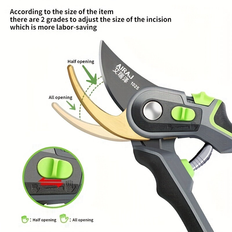 AIRAJ Pruning Shears: Professional Grade with Sk5 Steel Blade, Safety Lock, Ergonomic Grip, Adjustable Opening, Non-Slip Handles.