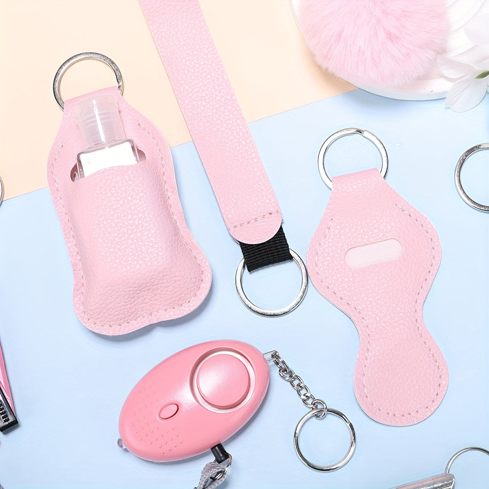 Set of 10 Pink Safety Accessories for Women - Includes Personal Alarm, Window Breaker & More - Stylish Faux Leather Set, Ideal Gift for Mom & Girls