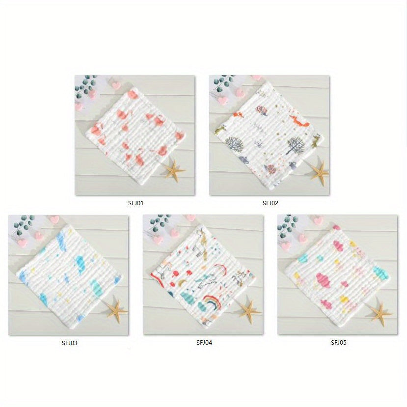 Five pieces of cotton muslin washcloths, soft face cloth for newborns. These absorbent, soft towels are gentle on sensitive baby skin, perfect for wiping, burping, or using as face cloths. Each cloth measures 29.97x29.97 cm.