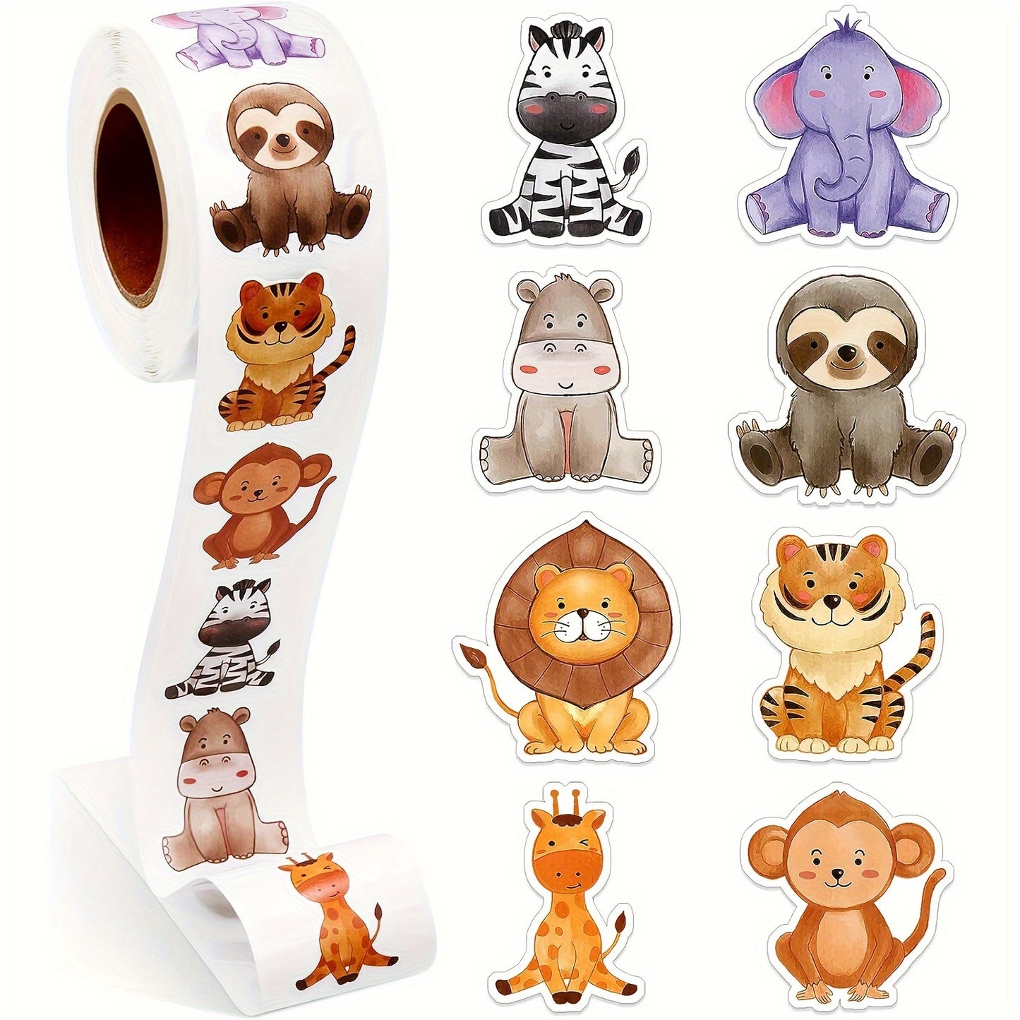 Roll of 500 whimsical animal stickers for party decor, envelope sealing, and gift wrapping. Glossy, irregular shapes featuring sloths, zebras, elephants, and more. Cute design.