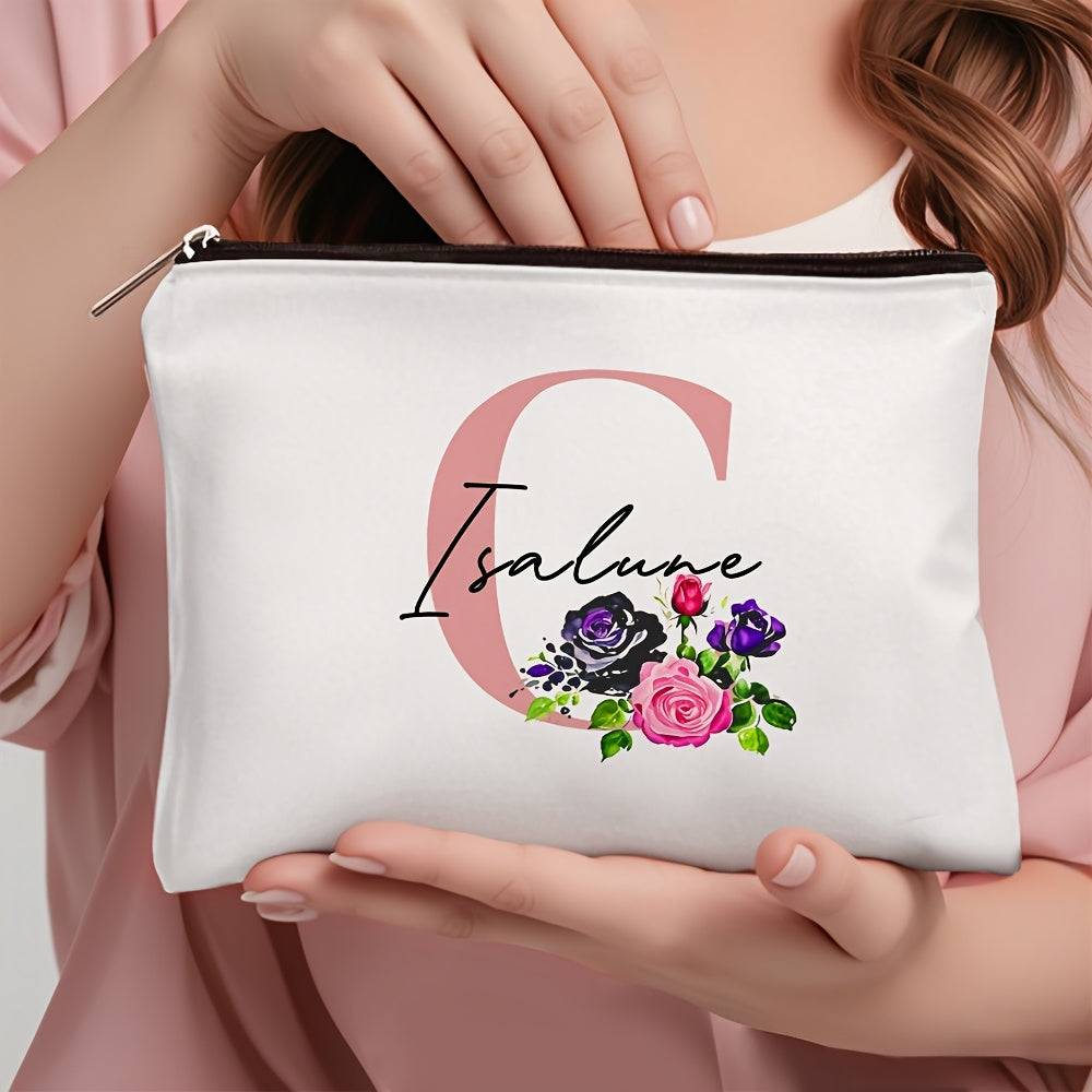 1 personalized cosmetic bag with custom name, versatile for toiletries, makeup, travel essentials, school supplies, and teacher or bachelor party gifts.