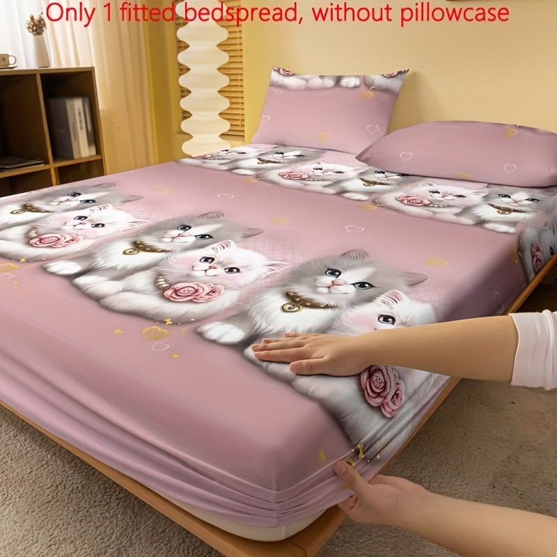 Printed Fleece Bed Sheet with Cute Cat Design, Perfect for Couples in the Bedroom, Complete Bedding Set