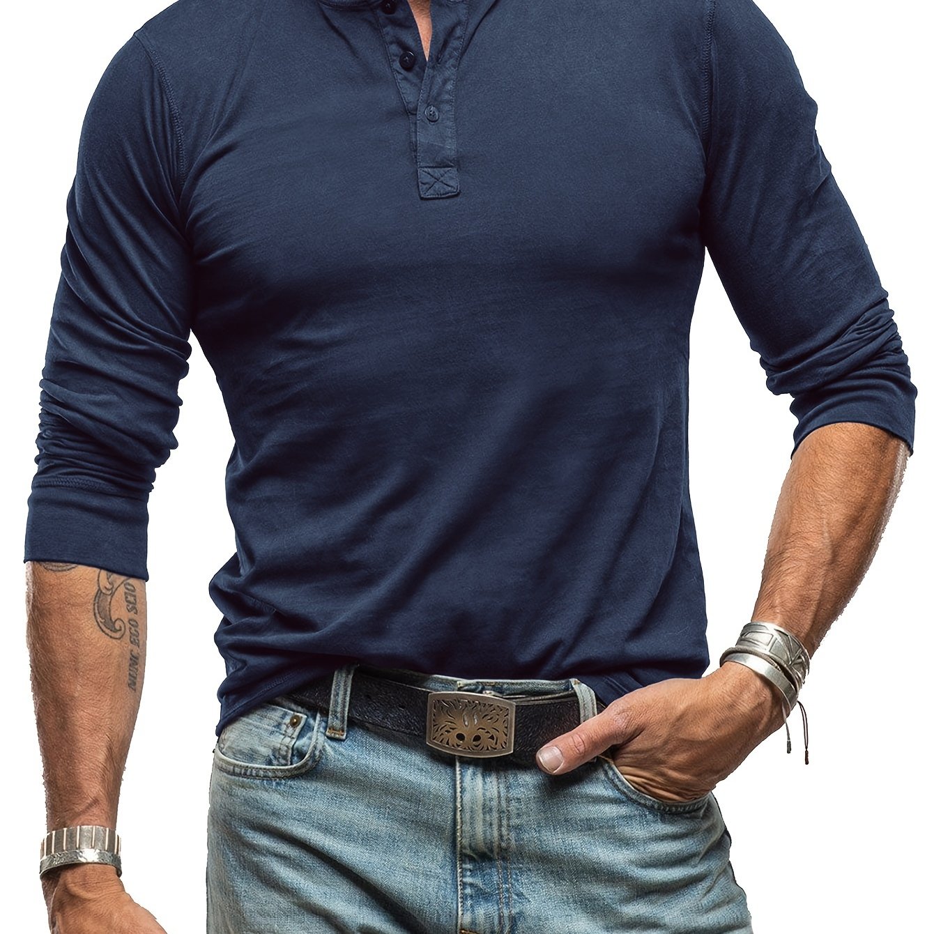 Amazon Men's Long Sleeve T-shirt, 100% Cotton Underwear, European and American Henley Shirt