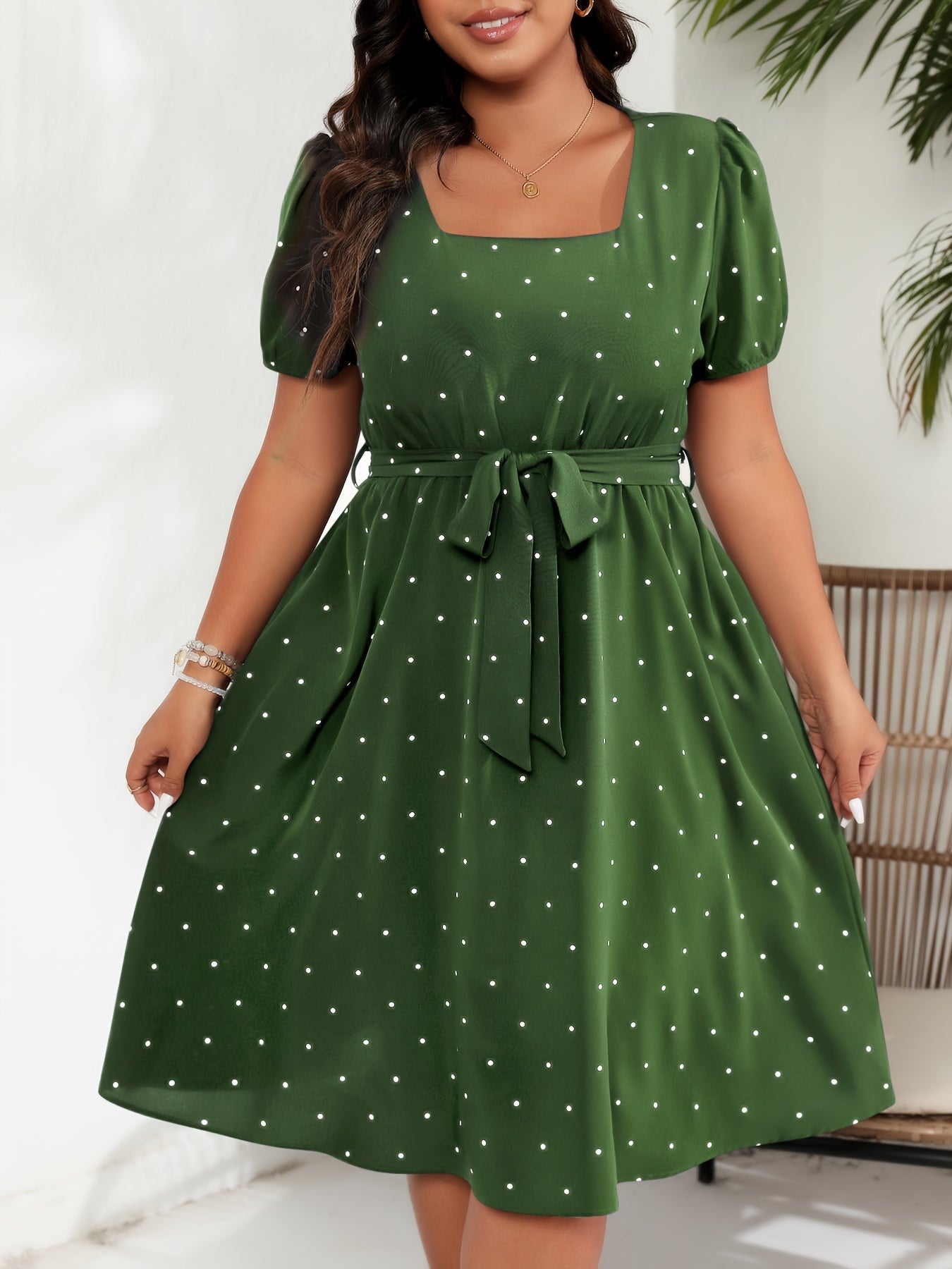 Polka Dot Print Dress - Square Neck, Short Sleeve, Belted - Plus Size Women's Clothing