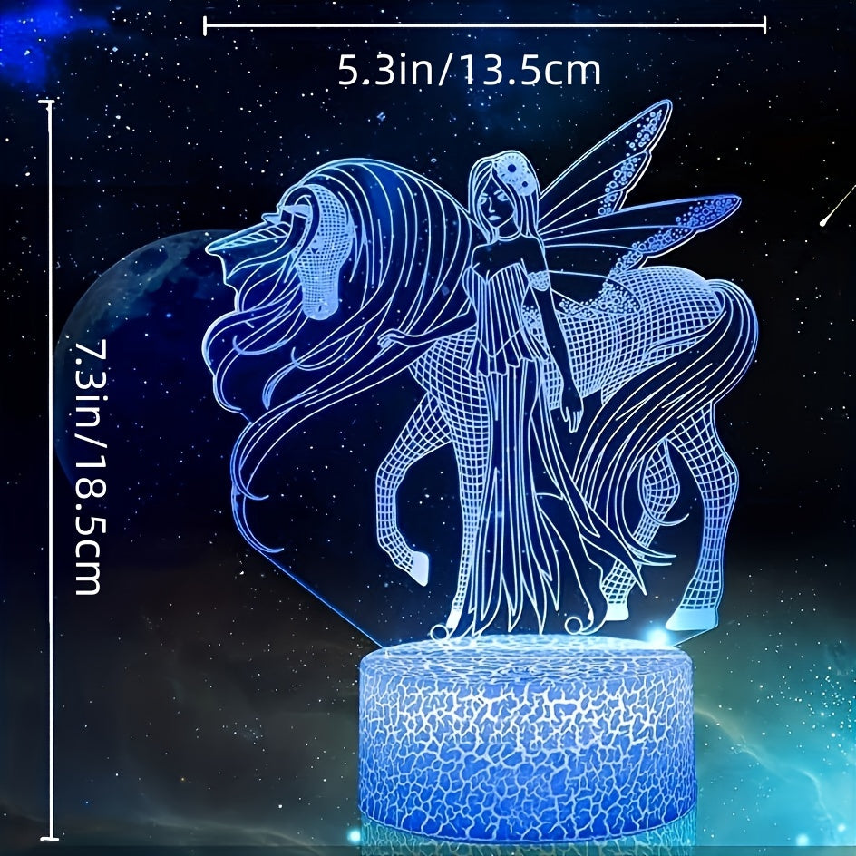 Art Deco style LED night light featuring a 3D Pegasus and Fairy design with 16 color options, USB powered with touch and remote control, ideal for girls' bedrooms as a birthday gift.