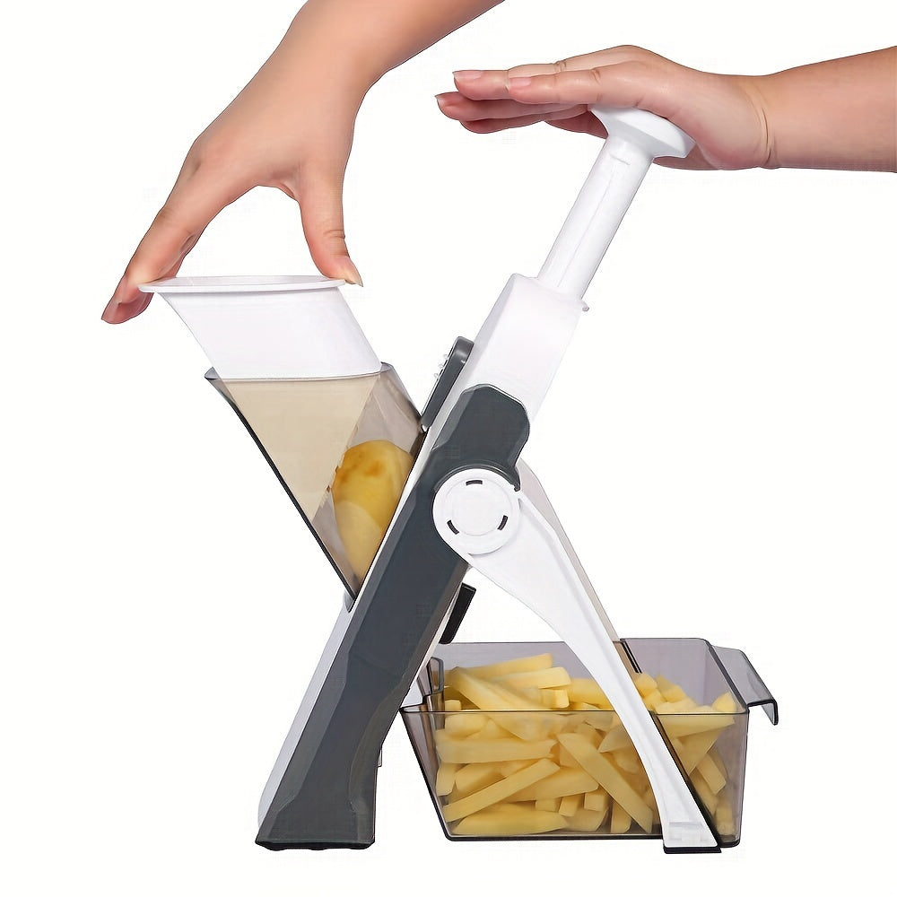 Multi-Functional 5-in-1 Vegetable Chopper: Slice, Dice, Julienne, and Cut Potatoes with Adjustable Thickness (0.1-8mm) in Gray for Quick and Easy Meal Preparation in the Kitchen