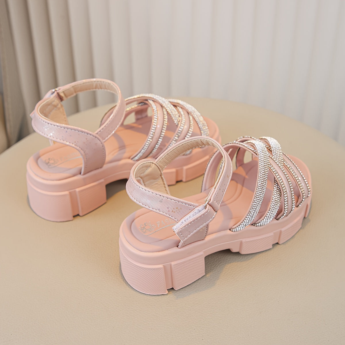 Pink princess sandals with sparkles, high heel, soft sole, hook-and-loop strap, rhinestone accents, for casual spring/summer wear, girls shoes.