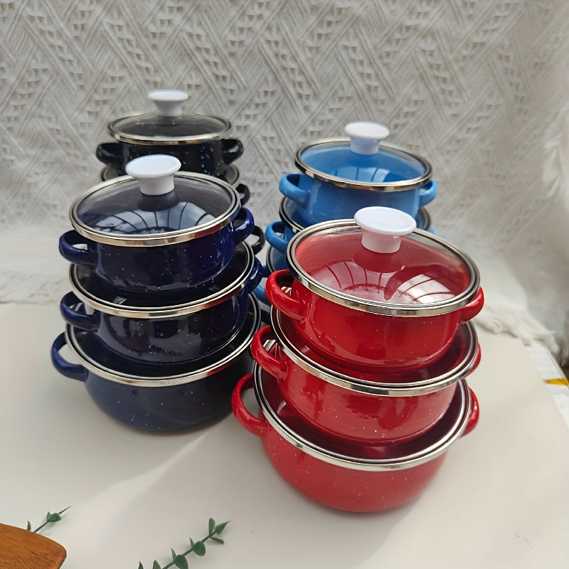 This set includes three mini enamel pots in sizes of 12cm, 14cm, and 16cm, perfect for home use in the kitchen. They are suitable for gas and electric stoves, making them versatile for any cooking needs. This set makes a great holiday gift and is perfect