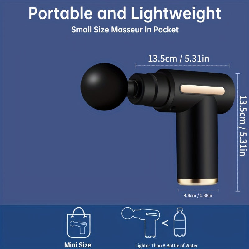 Портативный массажный пистолет с ЖК-дисплеем и возможностью зарядки через USB, с 6 скоростями вибрации и 4 насадками. Подходит для спорта и активного отдыха, отличная идея для подарка на праздники.