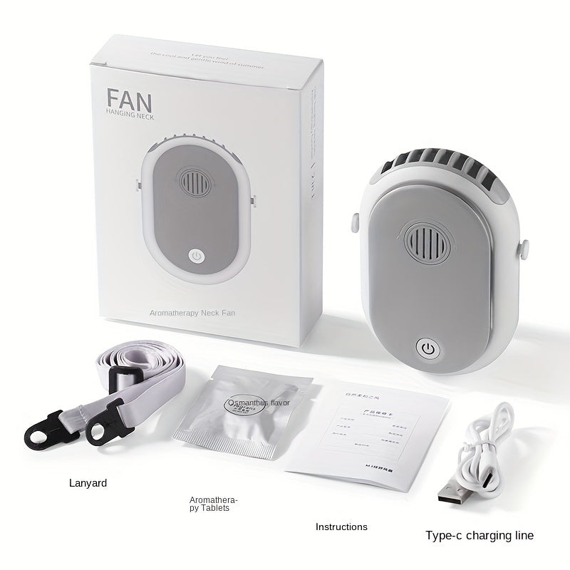 Compact and portable neck fan featuring aromatherapy humidifier, perfect for indoor and outdoor use. Includes multiple components and easy-to-wear design, ideal for sports and travel. Rechargeable via USB, this fan is a must-have for on-the-go cooling.