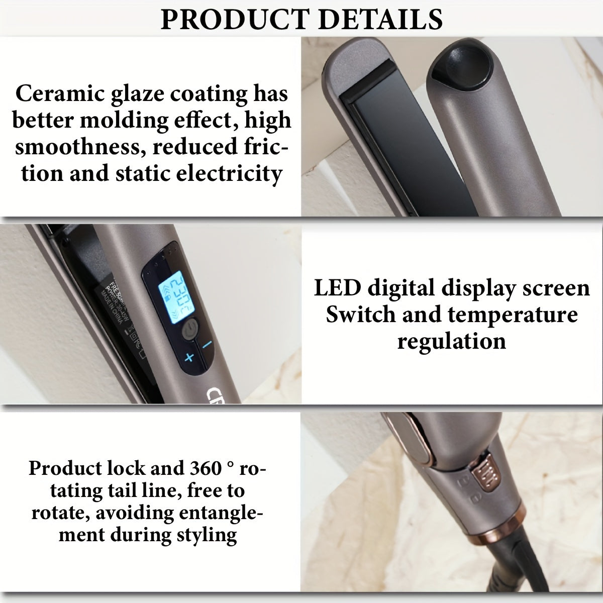 CRASTS Professional Hair Straightener & Curler with 5-level temperature control, display screen, 220V.