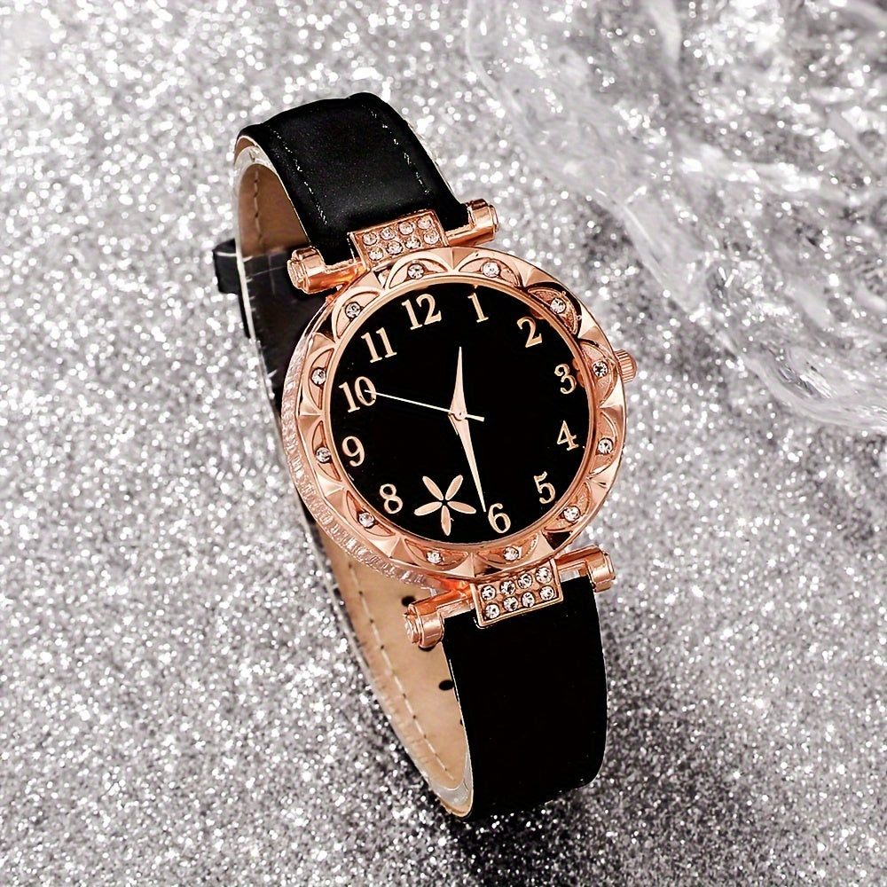 6pcs Elegant Ladies' Fashion Watch and Bracelet Set with Quartz Movement, PU Leather Strap, Zinc Alloy Case - Ideal for Daily Wear, Parties, and Special Occasion Gifts.