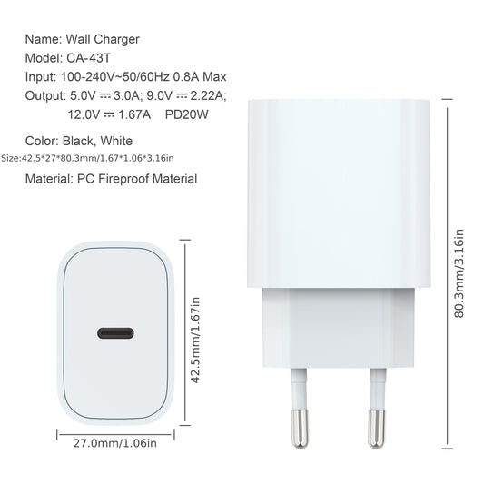 20W USB C fast charger for iPhone, iPad, and AirPods.