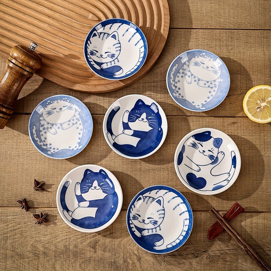 4 Japanese ceramic dessert plates and sauce dishes with a cute cartoon Lucky Cat pattern, suitable for home kitchens, restaurants, and hotels.