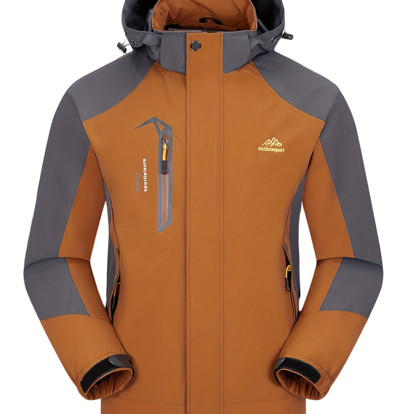 Windproof hooded softshell jacket for men, ideal for hiking and camping with multiple pockets.