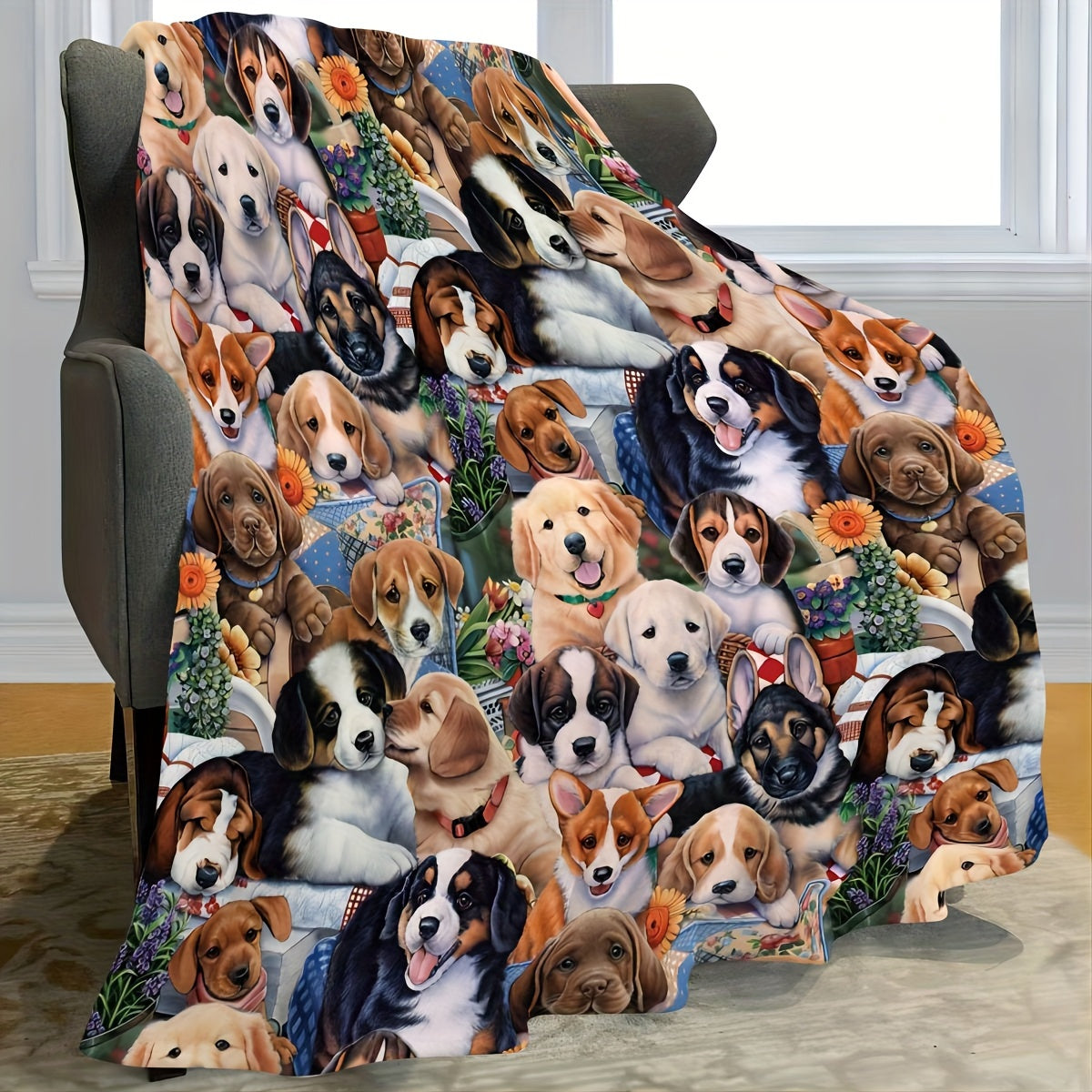 Soft and warm throw for dogs in cozy flannel material - perfect for couch and bed. Machine washable for all-season comfort.