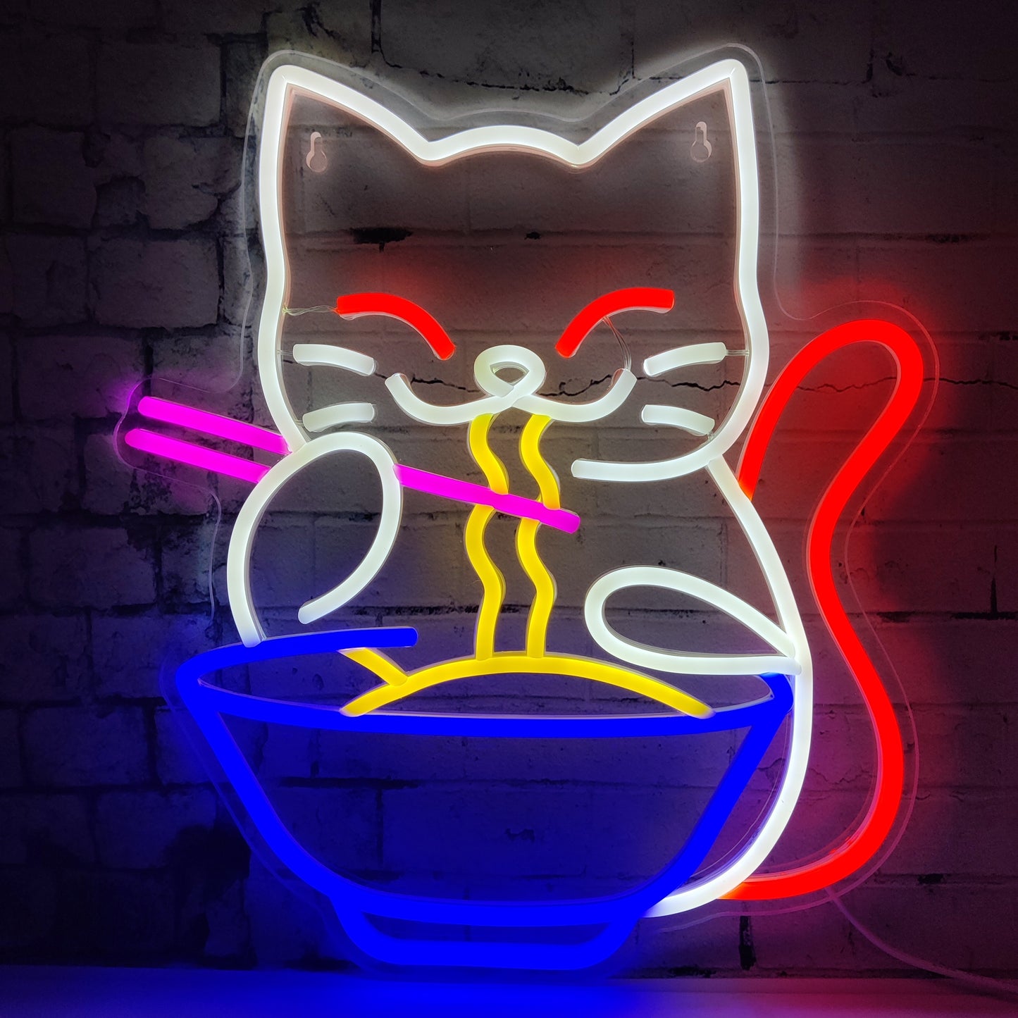 Japanese Lucky Cat Eating Ramen Neon Sign Light for Home Decoration, USB Powered.