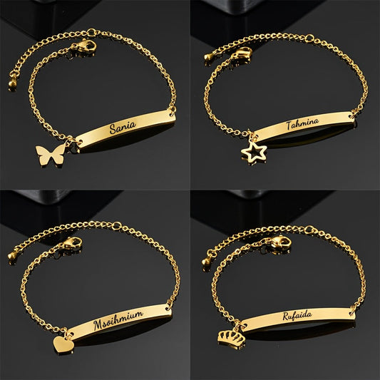 Elegant Minimalist Custom Name Bracelet for Women, Made of Stainless Steel with Heart and Star Charms. Ideal Gift for Any Occasion. Personalized and Suitable for Giving. Add a Touch of Bling to Your Look.