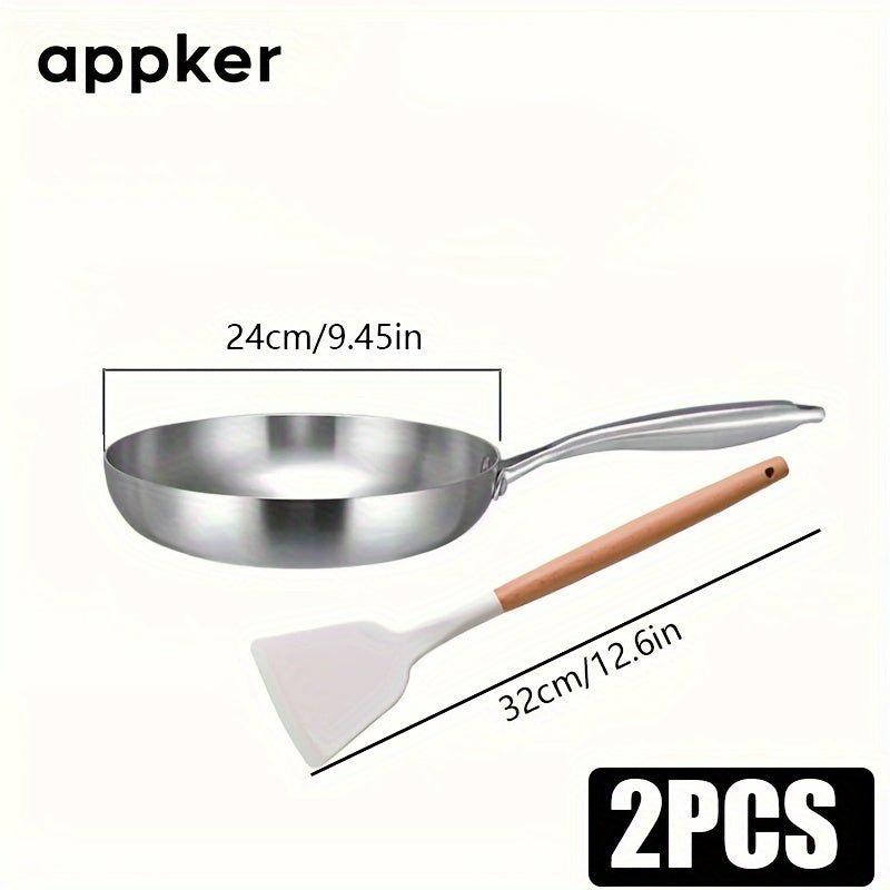 Appker presents a set of 2 non-stick frying pans with a silicone spatula included. Made of durable stainless steel, these pans are ideal for cooking steak and wok dishes. They are compatible with induction stoves, making them versatile for any kitchen.