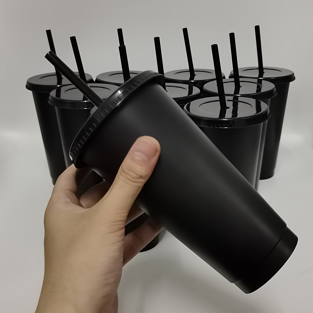 10 piece set of leak-proof 24oz reusable plastic tumblers with lids and straws. Ideal for various occasions like baseball games, parties, and holidays. Free of PVC. Great for Christmas, Halloween, Graduation, Juneteenth, and Labor Day.