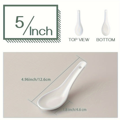 6-piece set of white ceramic soup spoons for various dishes, safe to use in microwave, oven, dishwasher, and freezer.