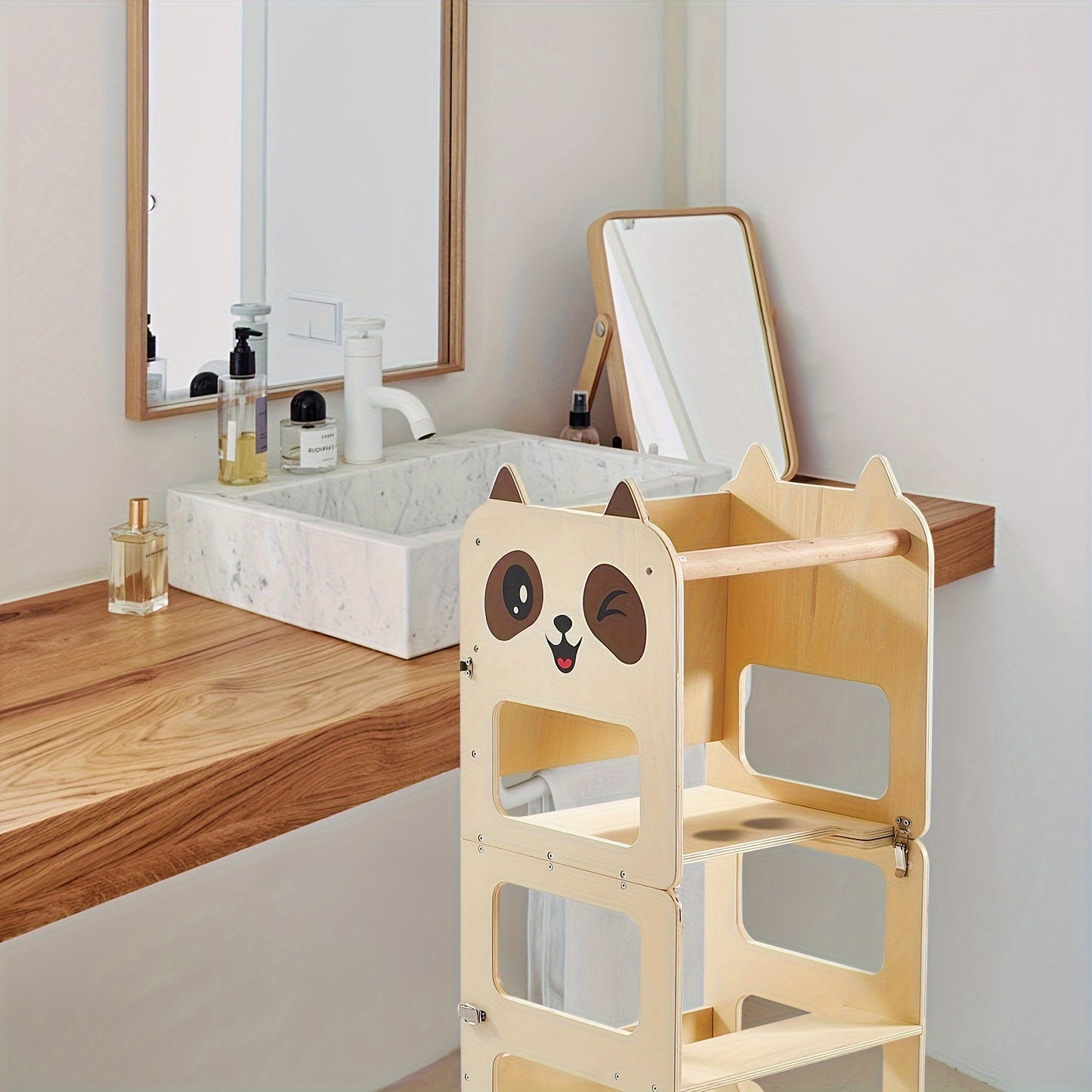 Wooden step stool for rooms, bathrooms, and home use.