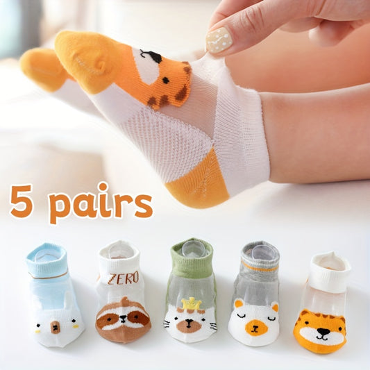 5 pairs of boys' trendy animal pattern ankle socks, comfy and breathable for outdoor activities