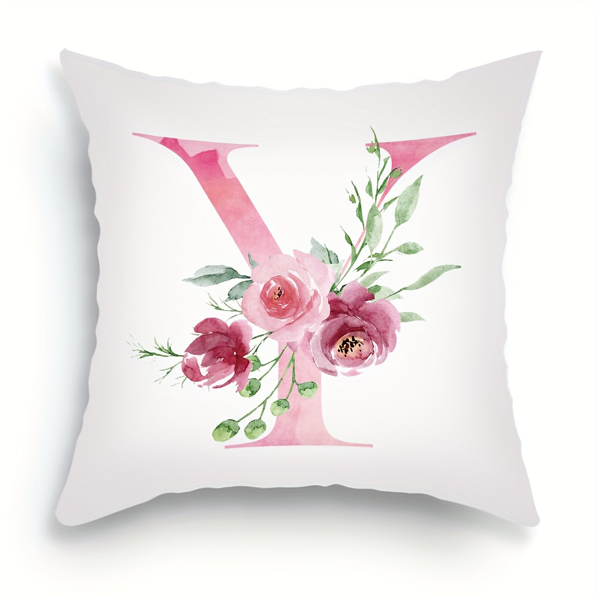 18x18 inch Alphabet Floral Pillow Cover featuring A to Z English Letters in pink print. Ideal for adding a contemporary touch to sofa, living room, or bedroom decor. Single-sided printing, insert not included.